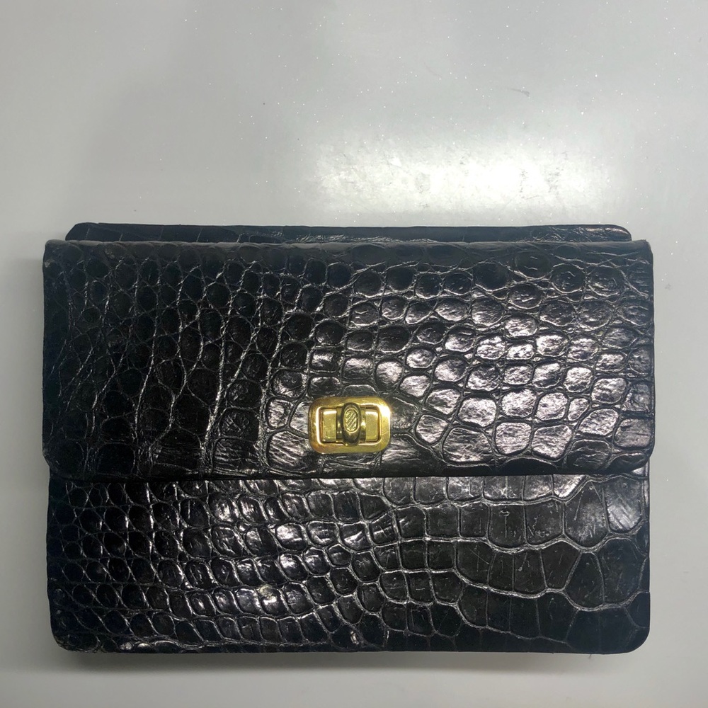 Chic clutch vintage croc embossed dual-sided gold clasps 9”x7” - Picture 4 of 11